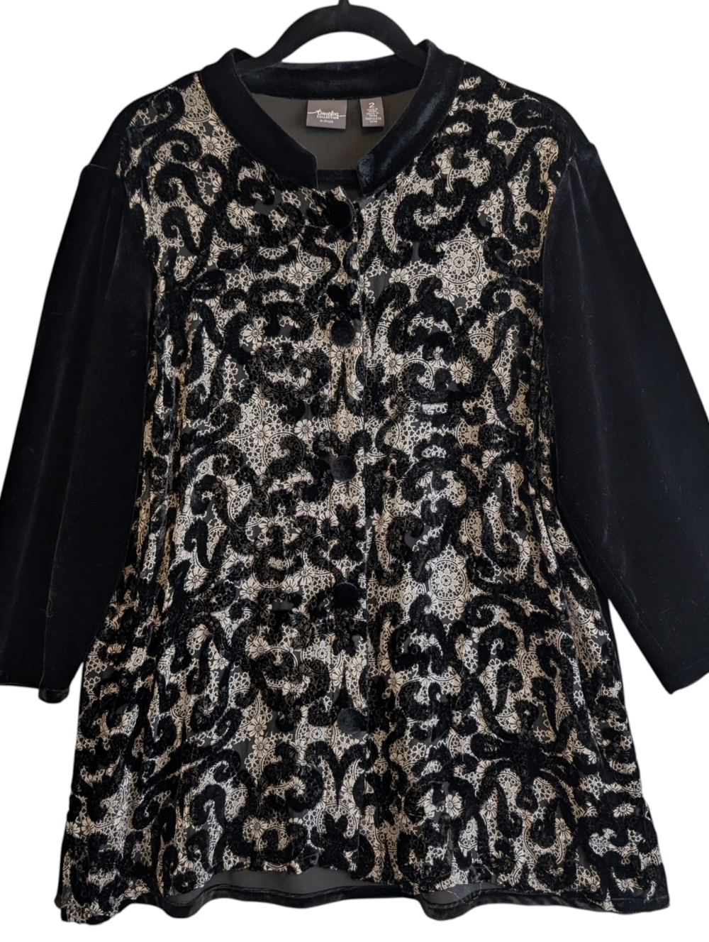 Chicos travelers collection Silk Blend Burnout Velvet Jacket S Black Tunic Top